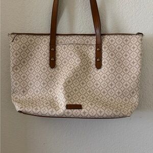 Women's Neutral Patterned Fossil Tote Bag with Brown Trim